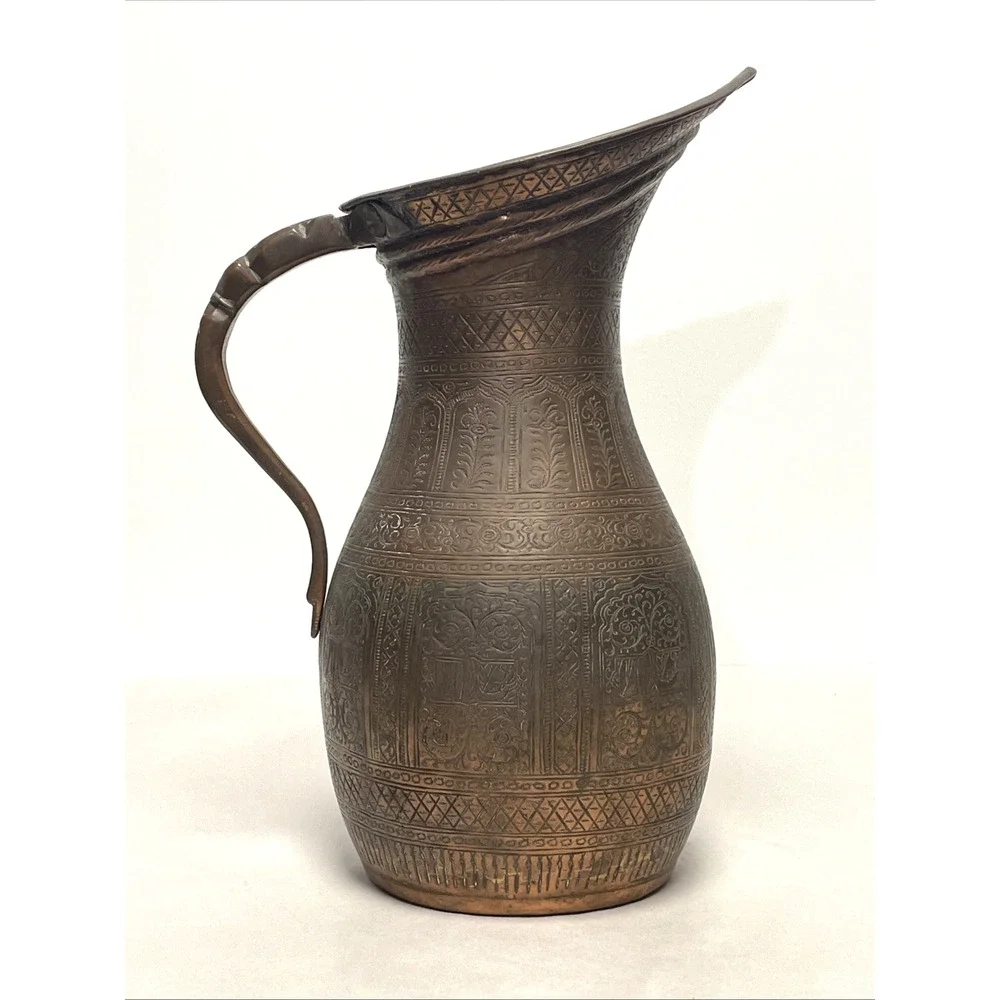 Antique Indo Persian Engraved Copper Ewer Pitcher Jug 12” Heavy 50oz